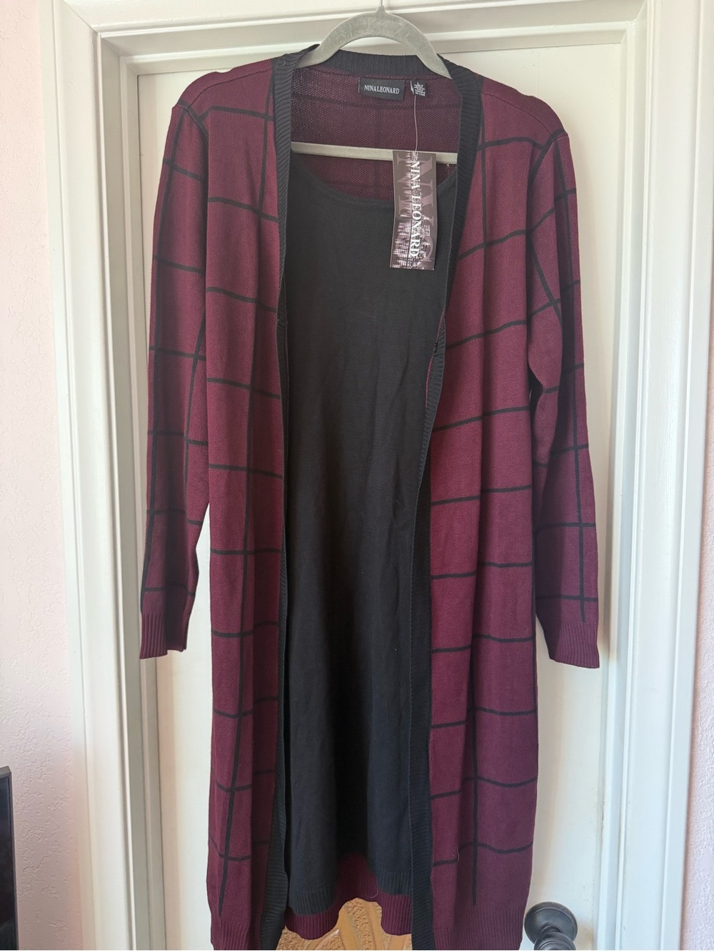 Nina Leonard Burgundy and Black Windowpane Sweater Dress